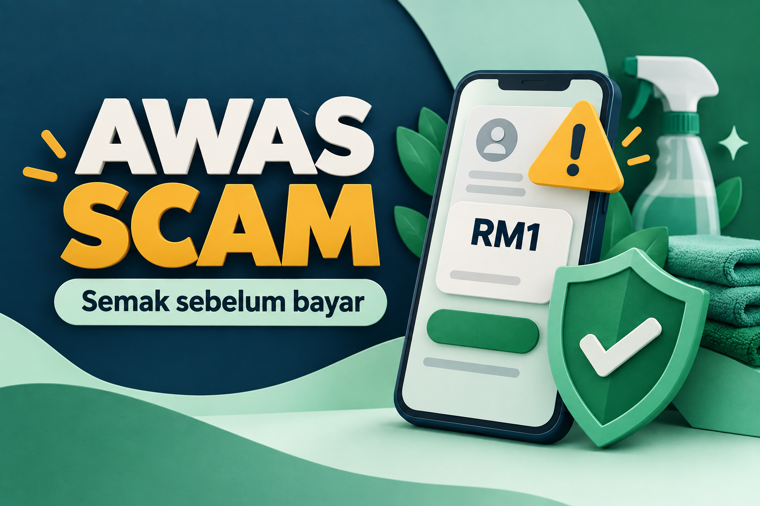 Ilustrasi AWAS SCAM: semak sebelum bayar deposit RM1 untuk cleaning services.